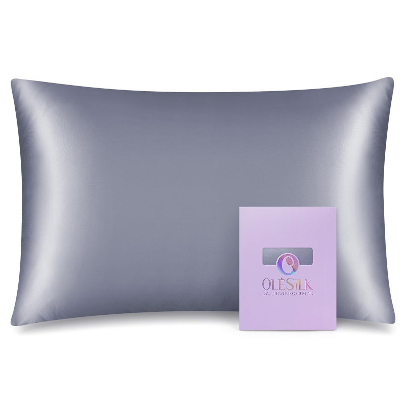 OLESILK 100% Mulberry Silk Toddler Pillowcase for Hair and Skin, Both Sides 19 Momme Pure Natural Silk Travel Pillow Cases with Hidden Zipper, 13"x 18", Iron Grey - Image 1